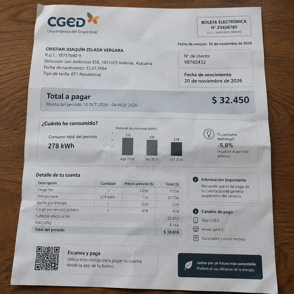 Create a statement, an electricity bill in CHILE. The A4 statement should be realistic, as if it were photographed on a phone. The document should be on a white background. The document must be for the last 3 months of October 2026. The document should contain several transactions and be wrinkled at the edges.
Name CRISTIAN JOAQUÍN ZELADA VERGARA
Address San Ambrosio 558, 1611025 Vallenar, Atacama
R.U.T. 18717640-9
Date of birth 13.07.1994