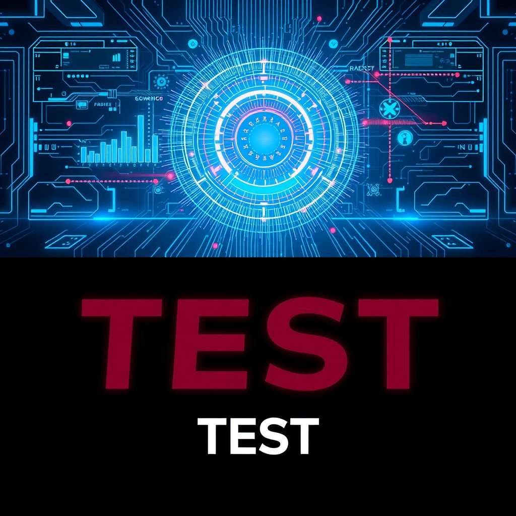 mockup design, Create a sleek, modern mockup design titled "Test." The visually striking layout should feature a high-tech theme with futuristic elements like digital graphs, circuit patterns, and holographic displays. Incorporate a blend of vibrant colors and stark contrasts, showcasing the concept of experimentation and innovation in technology and research.