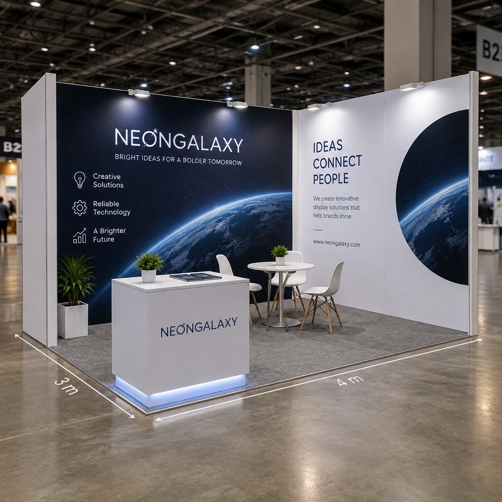 give me a visual mockup for a 3 by 4 meter exhibition booth with two open sides and two walled sides. i want to keep the cost minimal, by building the exhibition area myself using forex material. www.neongalaxy.com