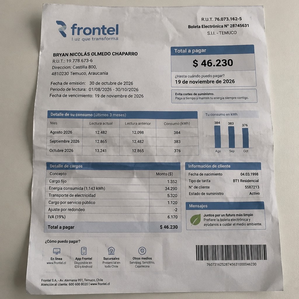 Create a statement, an electricity bill in CHILE. The A4 statement should be realistic, as if it were photographed on a phone. The document should be on a white background. The document must be for the last 3 months of October 2026. The document should contain several transactions and be wrinkled at the edges.
Name BRYAN NICOLÁS OLMEDO CHAPARRO
Address Castilla 800, 4810230 Temuco, Araucanía
R.U.T. 19778673-6
Date of birth 04.03.1998
Date of discharge 30.10.2026 (OCTOBER 2026)
