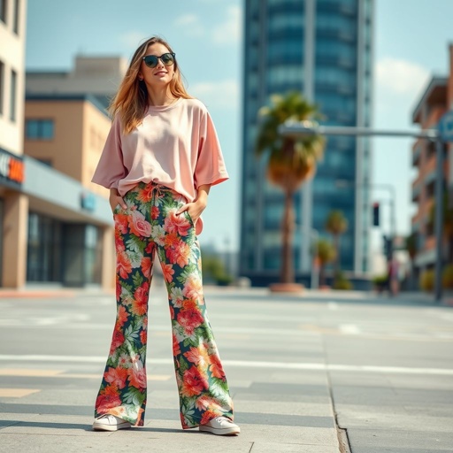 mockup design, Design a casual yet trendy outfit featuring a relaxed, oversized tee shirt in soft pastel shades, paired with high-waisted flared pants in a vibrant floral print. The mockup should capture a dynamic urban setting, showcasing the outfit's comfort and style, perfect for a sunny day out or a laid-back gathering.