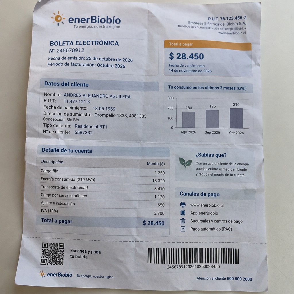 Create a statement, an electricity bill in CHILE. The A4 statement should be realistic, as if it were photographed on a phone. The document should be on a white background. The document must be for the last 3 months of October 2026. The document should contain several transactions and be wrinkled at the edges.
Name ANDRES ALEJANDRO AGUILERA
Address Orompello 1333, 4081385 Concepción, Bío Bío
R.U.T. 11477121-K
Date of birth 13.05.1969
Date of discharge 25.10.2026 (OCTOBER 2026)