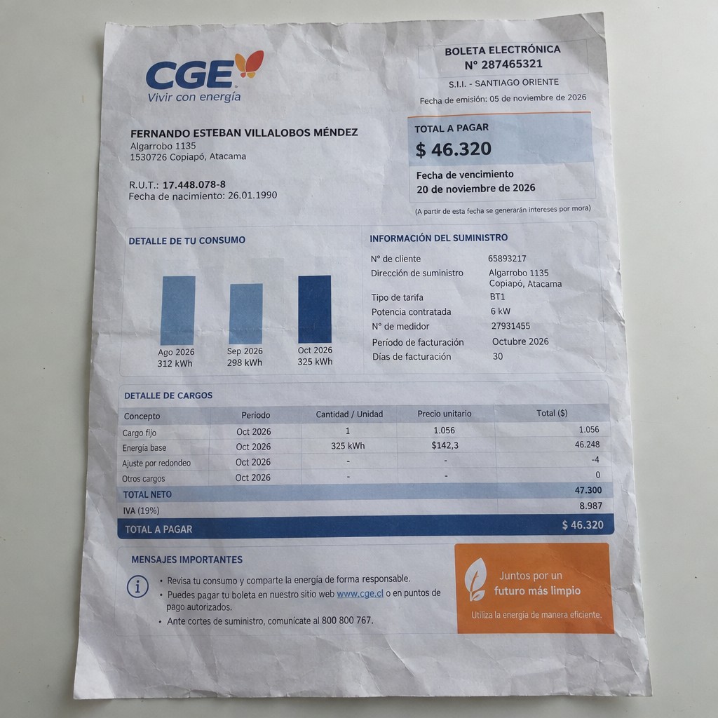 Create a statement, an electricity bill in CHILE. The A4 statement should be realistic, as if it were photographed on a phone. The document should be on a white background. The document must be for the last 3 months of October 2026. The document should contain several transactions and be wrinkled at the edges.
Name FERNANDO ESTEBAN VILLALOBOS MÉNDEZ
Address Algarrobo 1135, 1530726 Copiapó, Atacama
R.U.T. 17448078-8
Date of birth 26.01.1990