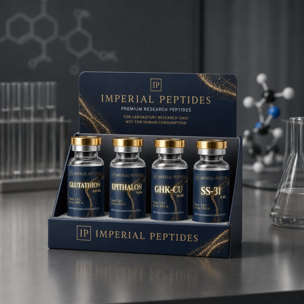 make a display with the peptides that has professional, clean background that is prefessional and clean but still has the peptide feel