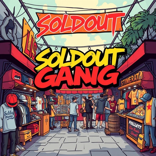 mockup design, Create a vibrant, urban-themed mockup design for a market called "Soldout Gang." Incorporate graffiti-style typography for the name, surrounded by diverse streetwear apparel displays. Feature energetic illustrations of shoppers, food stalls, and live music vibes. Use a bold color palette to evoke a sense of community and excitement in the scene.