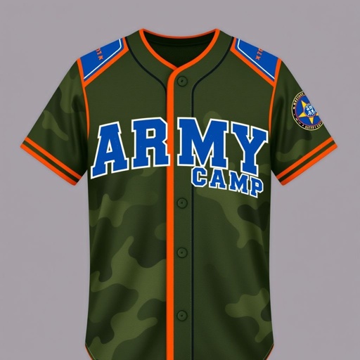 mockup design, Design a mockup of an army camp baseball jersey featuring a striking orange outline. The fabric should be a deep camouflage green, with bold royal blue lettering displayed prominently across the chest, spelling out "ARMY CAMP" with a vintage font. Include shoulder patches that symbolize camaraderie and teamwork.