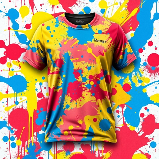 mockup design, Design a vibrant T-shirt featuring an artistic paint splatter effect. Use a playful color palette with bright blues, yellows, and reds, creating dynamic swirls and random drips across the fabric. Incorporate artistic textures and layering techniques to evoke a sense of creativity, appealing to modern art enthusiasts and casual wearers alike.