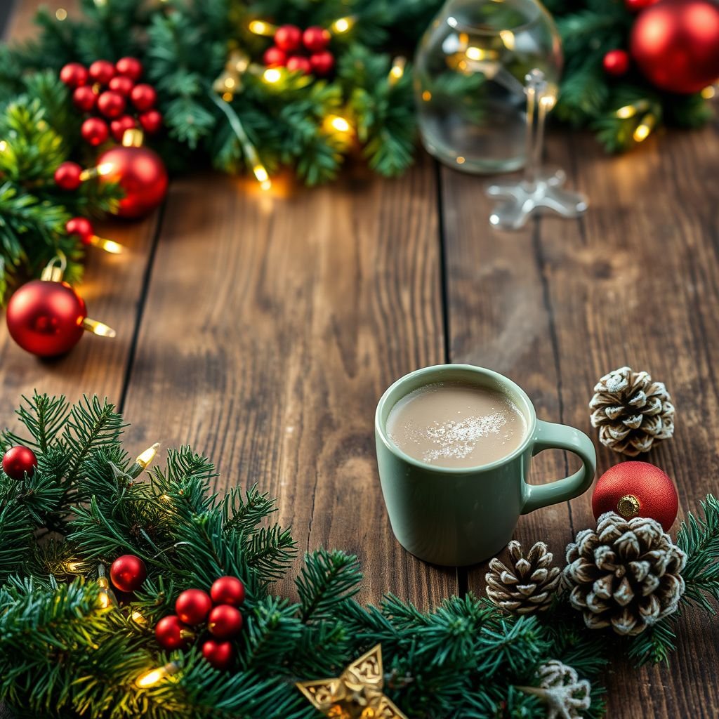 mockup design, Create a captivating mockup design featuring a close-up of a rustic wood table adorned with Christmas-themed decorations. Include lush evergreen garlands, twinkling fairy lights, and vibrant red and gold ornaments. Add a steaming cup of hot cocoa and a few snow-dusted pinecones to enhance the cozy holiday atmosphere.