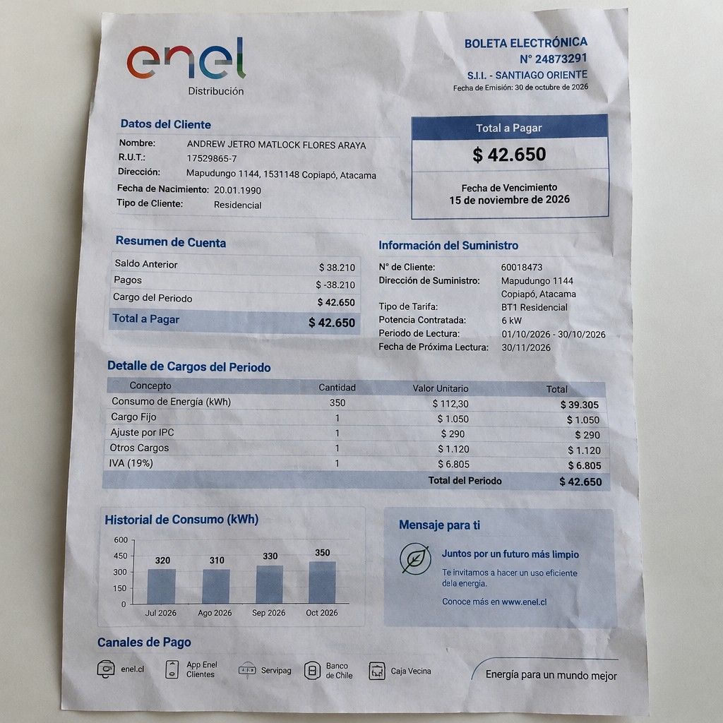 Create a statement, an electricity bill in CHILE. The A4 statement should be realistic, as if it were photographed on a phone. The document should be on a white background. The document must be for the last 3 months of October 2026. The document should contain several transactions and be wrinkled at the edges.
Name ANDREW JETRO MATLOCK FLORES ARAYA
Address Mapudungo 1144, 1531148 Copiapó, Atacama
R.U.T. 17529865-7
Date of birth 20.01.1990
Date of discharge 30.10.2026 (OCTOBER 2026)