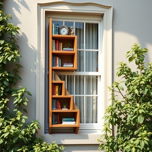mockup design, Design a whimsical 6-step fire escape resembling a bookshelf, emerging from a window situated 5 feet above the ground. Each stair mimics a wooden shelf, adorned with vibrant books and quirky decor. The escape is surrounded by lush greenery, providing a charming and inviting aesthetic while maintaining its functional purpose.