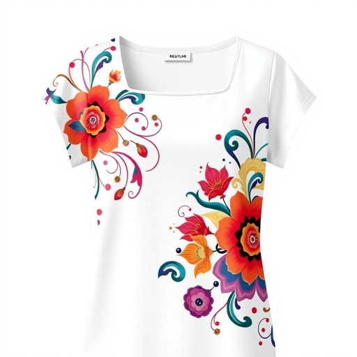 A crisp white t-shirt, regular fit, crafted from soft polyester material. Square neckline, framed by delicate cap sleeves. Patterns and graphics adorned with vibrant colors, swirling shapes of abstract designs, floral motifs intertwined with geometric lines. A stylish, modern vibe, perfect for casual outings or layering with jackets. Elegance redefined.