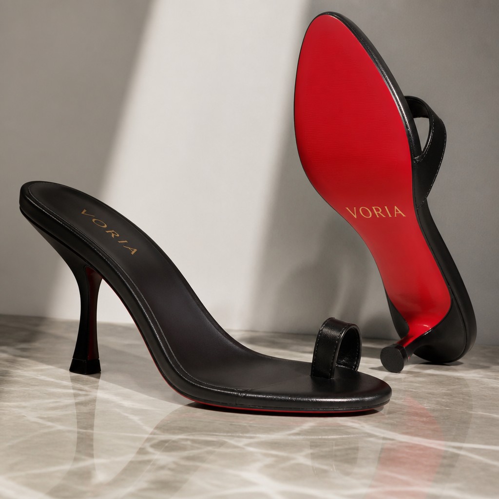 Create a realistic product mockup based on these instructions:
Design a chic one-toe heel featuring a striking red bottom that exudes luxury and sophistication. Incorporate the brand name "Voria" in an elegant, modern font, ensuring it resonates with Gen Z aesthetics. Use sleek lines and a minimalist silhouette to appeal to trendy fashion lovers, capturing their attention effortlessly.
Create a professional, photorealistic mockup scene. If the instructions mention a design,
artwork, logo, print or graphic, invent an original, fitting design and integrate it onto the
product realistically with proper perspective, lighting and material texture. Only show a clean,
undecorated product if the instructions explicitly ask for a blank or plain product.