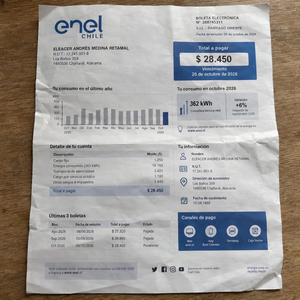 Create a statement, an electricity bill in CHILE. The A4 statement should be realistic, as if it were photographed on a phone. The document should be on a white background. The document must be for the last 3 months of October 2026. The document should contain several transactions and be wrinkled at the edges.
Name ELEACER ANDRÉS MEDINA RETAMAL
Address Los Baños 359, 1490536 Chañaral, Atacama
R.U.T. 17241951-8
Date of birth 16.04.1989