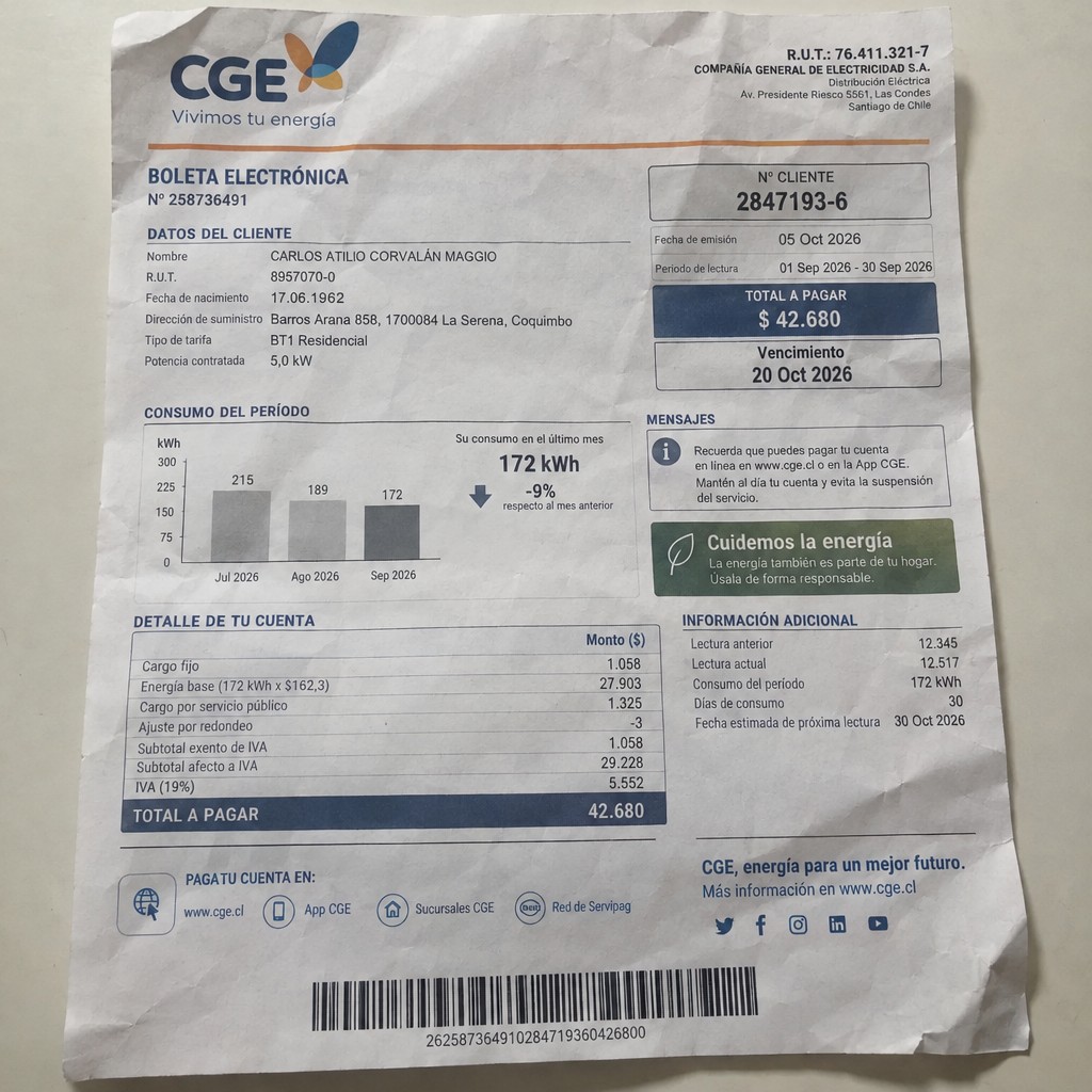 Create a statement, an electricity bill in CHILE. The A4 statement should be realistic, as if it were photographed on a phone. The document should be on a white background. The document must be for the last 3 months of October 2026. The document should contain several transactions and be wrinkled at the edges.
Name CARLOS ATILIO CORVALÁN MAGGIO
Address Barros Arana 858, 1700084 La Serena, Coquimbo
R.U.T. 8957070-0
Date of birth 17.06.1962