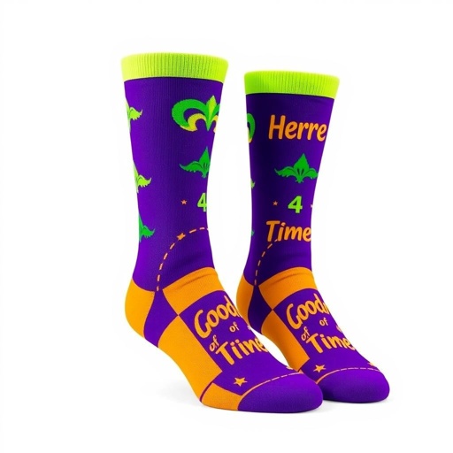 mockup design, Design vibrant, unisex socks for Krewe Of Hustlers, reflecting Mardi Gras spirit. Incorporate Royal Purple #6A0DAD as the primary color, with bold Electric Lime #CCFF00 patches and trims for a youthful touch. Highlight Rich Gold #FFD700 lettering for luxury and streetwise Black #000000 for contrast, with a clean White #FFFFFF background for balance. Create patterns with playful carnival motifs and energetic slogans like "Here for a Good Time," embodying New Orleans' festive essence and multicultural flair.