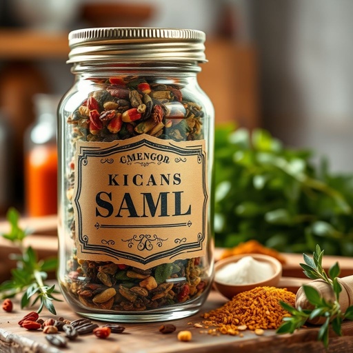 mockup design, Create a detailed mockup design of a glass jar featuring a vintage-inspired label. The jar should be filled with colorful, organic spices and herbs, showcasing a rustic kitchen setting. Include soft, natural lighting to enhance the textures and reflections on the glass surface, giving it an inviting, artisanal feel.
