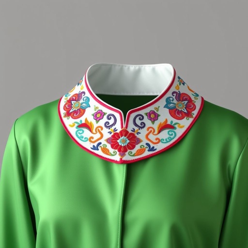 mockup design, Create a mockup design featuring a Chinese collar with intricate embroidery and a modern twist. The collar should incorporate vibrant colors and geometric patterns, blending traditional aesthetics with contemporary fashion. Use luxurious fabrics like silk and brocade, showcasing how the collar enhances both casual and formal attire in an elegant way.