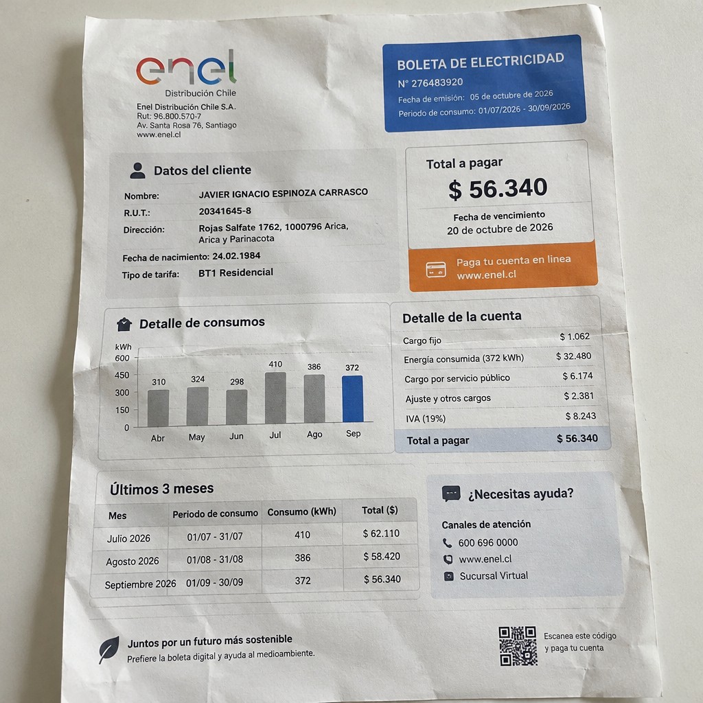 Create a statement, an electricity bill in CHILE. The A4 statement should be realistic, as if it were photographed on a phone. The document should be on a white background. The document must be for the last 3 months of October 2026. The document should contain several transactions and be wrinkled at the edges.
Name JAVIER IGNACIO ESPINOZA CARRASCO
Address Rojas Salfate 1762, 1000796 Arica, Arica y Parinacota
R.U.T. 20341645-8
Date of birth 24.02.1984