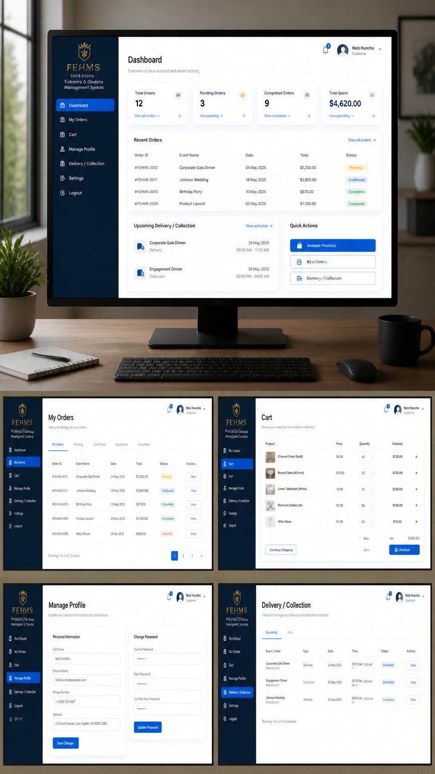 Create a professional desktop web application UI mockup for a system called FEHMS – Forte Events Catering & Decor Hire Management System.
The design must be classy, simple, modern, professional and realistic, suitable for a university software development project and a real event-hire business.
Brand & Visual Style
Primary colour: Royal Blue (#1554C0)
Secondary colour: Dark Navy (#062B63)
Background: very light grey/white (#F6F8FC)
Cards: white with subtle borders and soft shadows
Text: dark navy/charcoal
Use blue for buttons, active navigation items and important information
Use small amounts of gold as an optional premium accent
Clean typography such as Inter or Poppins
Rounded corners, but keep them professional and not overly playful
Use simple modern line icons
Plenty of whitespace
Avoid excessive gradients, animations, decorations or complicated graphics
The interface must look like a real professional business management system
Layout
Use a consistent desktop dashboard layout:
Left sidebar
FEHMS logo at the top
Dashboard
My Orders
Cart
Manage Profile
Delivery / Collection
Settings
Logout
Top header
Page title
Short page description
Notification icon
Customer profile icon
Customer name: "Nick Huncho"
Role: "Customer"
Main content area
Clean white cards
Clear headings
Logical grouping of information
Professional buttons
Consistent spacing and alignment
Important
The five pages must feel like they belong to the same FEHMS application. Maintain the same:
Sidebar
Header
Typography
Colours
Button styles
Card styles
Icons
Spacing
Navigation structure
Create the interface as a high-fidelity desktop website mockup, approximately 1440 × 900 resolution.
Do not create mobile layouts.
Do not add unnecessary features that are not relevant to the requested page.