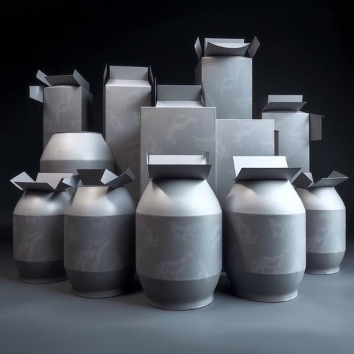 A collection of oversized gray cardboard boxes, featuring rounded shapes and adorned with striking animal print patterns. The matte textures reveal a tactile quality, while several flaps stand open, inviting curiosity. Each box embodies unique dimensions, creating an intriguing display of packaging art, merging functionality with aesthetic allure in a minimalistic environment.