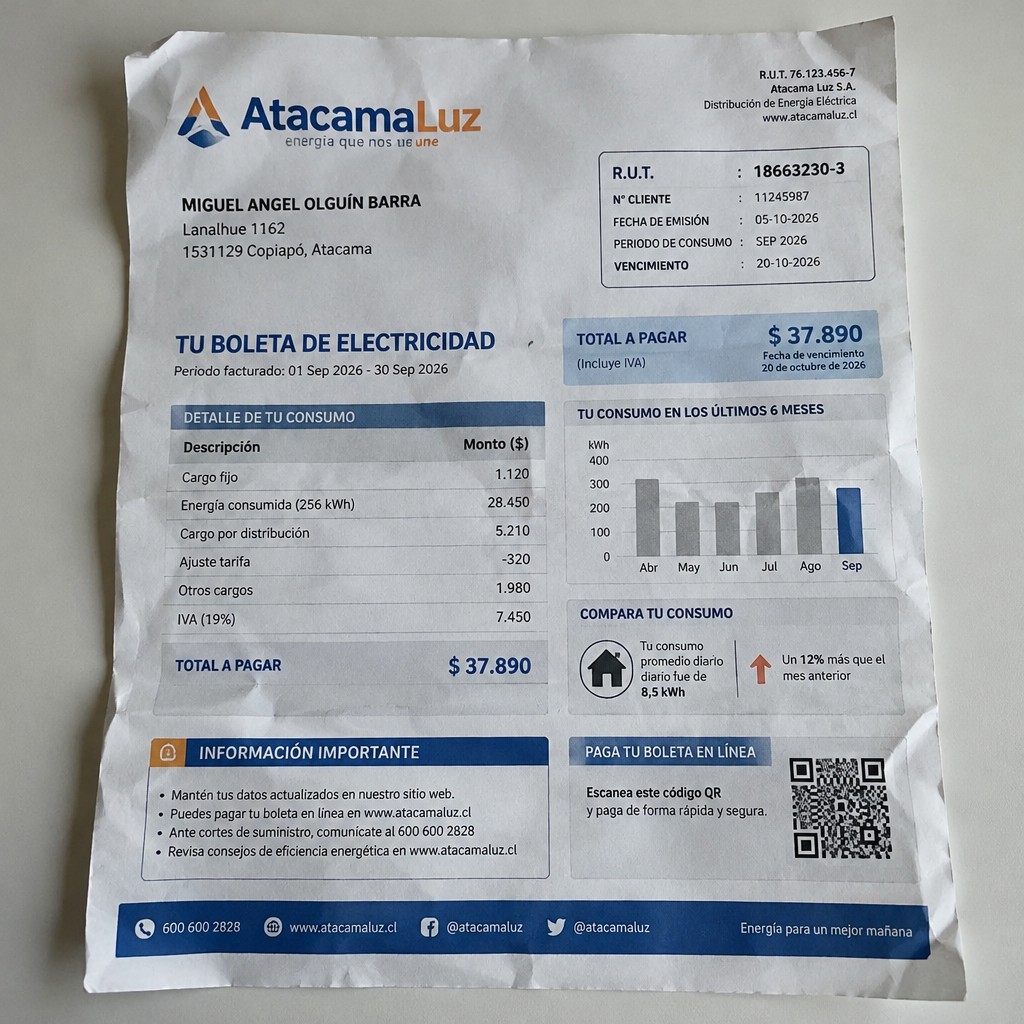 Create a statement, an electricity bill in CHILE. The A4 statement should be realistic, as if it were photographed on a phone. The document should be on a white background. The document must be for the last 3 months of October 2026. The document should contain several transactions and be wrinkled at the edges.
Name MIGUEL ANGEL OLGUÍN BARRA
Address Lanalhue 1162, 1531129 Copiapó, Atacama
R.U.T. 18663230-3
Date of birth 24.11.1993