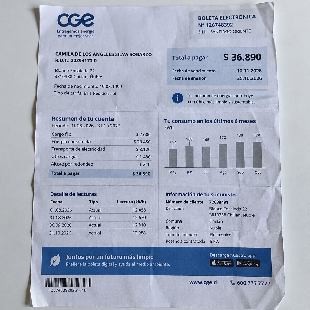 Create a statement, an electricity bill in CHILE. The A4 statement should be realistic, as if it were photographed on a phone. The document should be on a white background. The document must be for the last 3 months of October 2026. The document should contain several transactions and be wrinkled at the edges.
Name CAMILA DE LOS ANGELES SILVA SOBARZO
Address Blanco Encalada 22, 3810388 Chillán, Ñuble
R.U.T. 20394173-0
Date of birth 19.08.1999
Date of discharge 25.10.2026 (OCTOBER 2026)