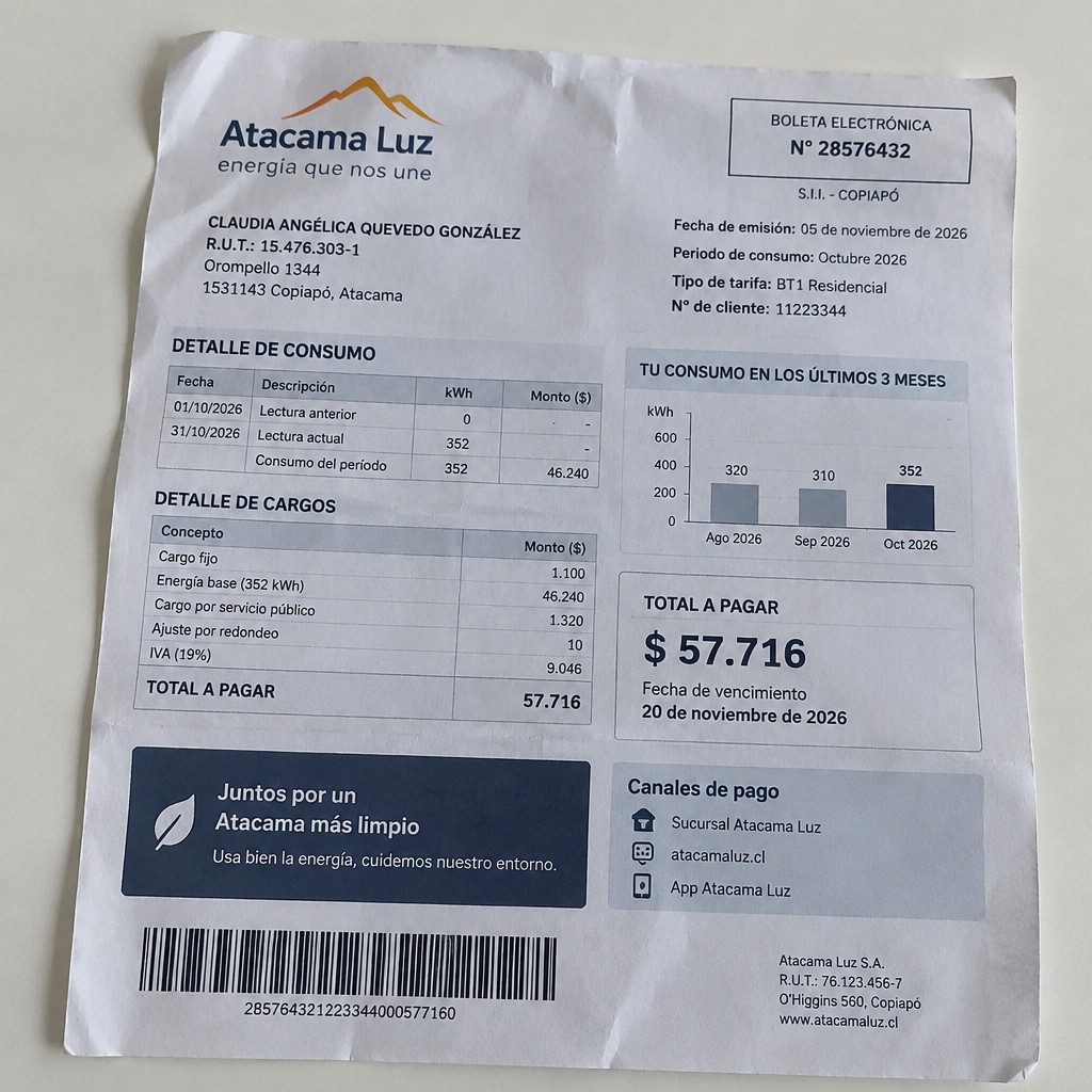 Create a statement, an electricity bill in CHILE. The A4 statement should be realistic, as if it were photographed on a phone. The document should be on a white background. The document must be for the last 3 months of October 2026. The document should contain several transactions and be wrinkled at the edges.
Name CLAUDIA ANGÉLICA QUEVEDO GONZÁLEZ
Address Orompello 1344, 1531143 Copiapó, Atacama
R.U.T. 15476303-1
Date of birth 19.12.1982