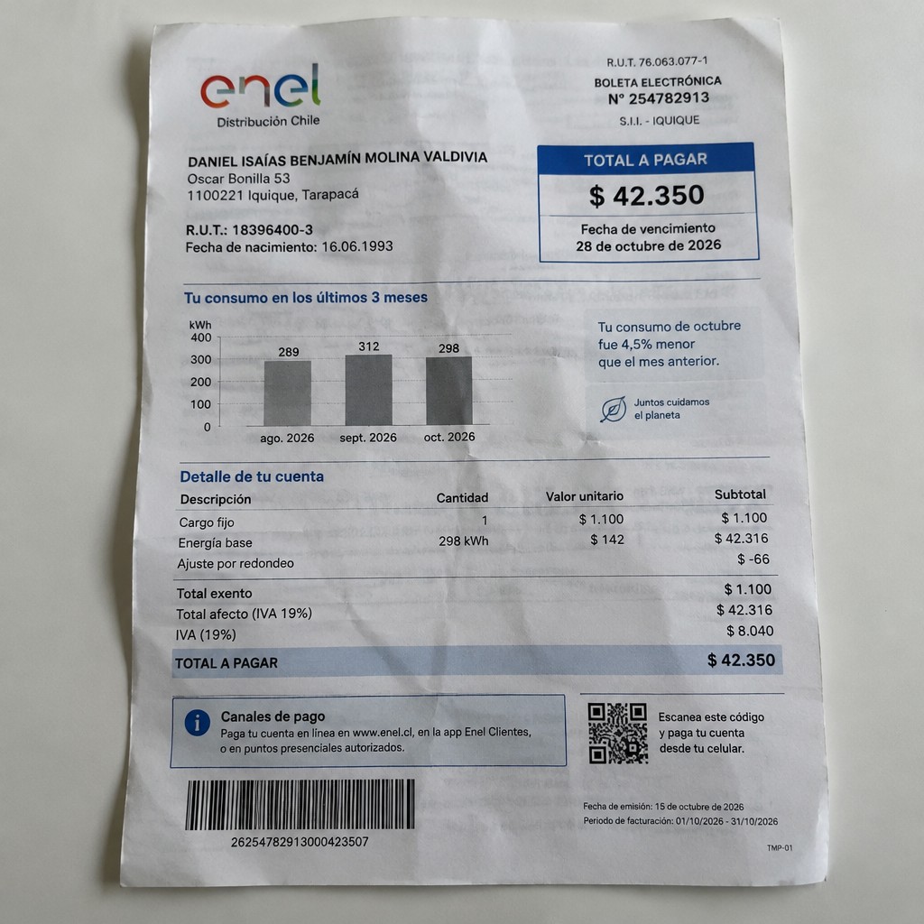 Create a statement, an electricity bill in CHILE. The A4 statement should be realistic, as if it were photographed on a phone. The document should be on a white background. The document must be for the last 3 months of October 2026. The document should contain several transactions and be wrinkled at the edges.
Name DANIEL ISAÍAS BENJAMÍN MOLINA VALDIVIA
Address Oscar Bonilla 53, 1100221 Iquique, Tarapacá
R.U.T. 18396400-3
Date of birth 16.06.1993