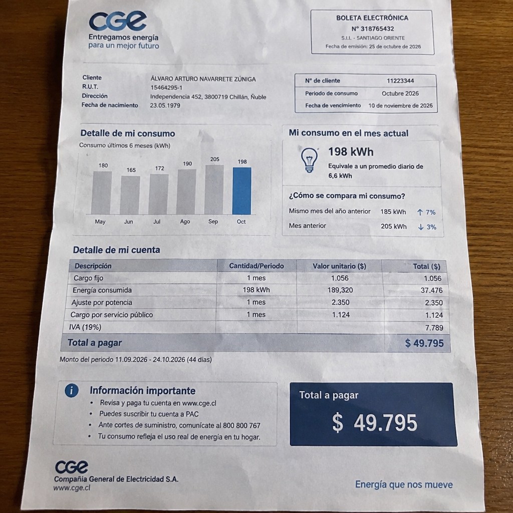 Create a statement, an electricity bill in CHILE. The A4 statement should be realistic, as if it were photographed on a phone. The document should be on a white background. The document must be for the last 3 months of October 2026. The document should contain several transactions and be wrinkled at the edges.
Name ÁLVARO ARTURO NAVARRETE ZÚNIGA
Address Independencia 452, 3800719 Chillán, Ñuble
R.U.T. 15464295-1
Date of birth 23.05.1979
Date of discharge 25.10.2026 (OCTOBER 2026)