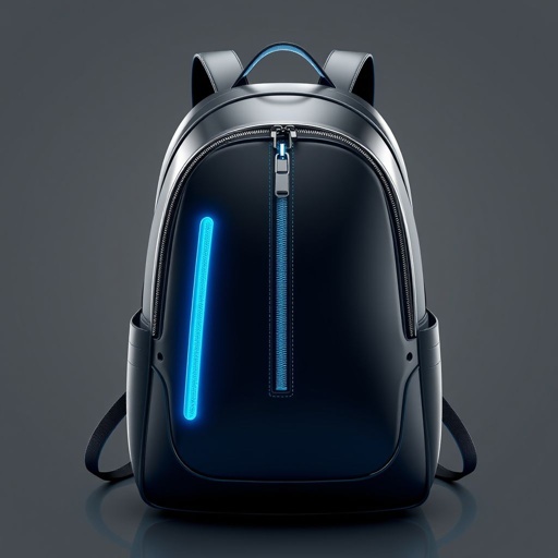 mockup design, Design a sleek, modern backpack featuring a reflective chrome strap that glimmers in the light. Incorporate a vibrant light blue zipper that accentuates the overall aesthetic, complemented by matching light blue stitching. The backpack should have an ergonomic shape, suitable for urban explorers, with ample pockets for organization and style.