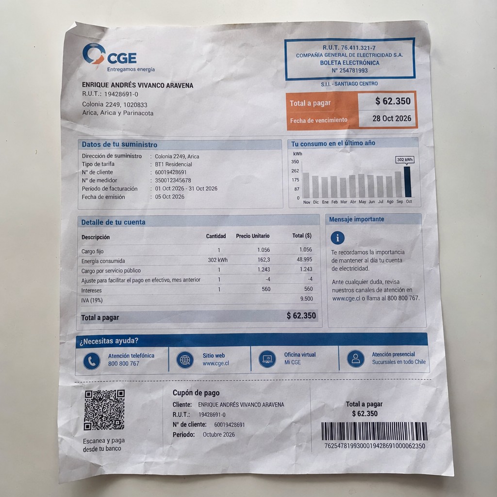 Create a statement, an electricity bill in CHILE. The A4 statement should be realistic, as if it were photographed on a phone. The document should be on a white background. The document must be for the last 3 months of October 2026. The document should contain several transactions and be wrinkled at the edges.
Name ENRIQUE ANDRÉS VIVANCO ARAVENA
Address Colonia 2249, 1020833 Arica, Arica y Parinacota
R.U.T. 19428691-0
Date of birth 08.07.1996