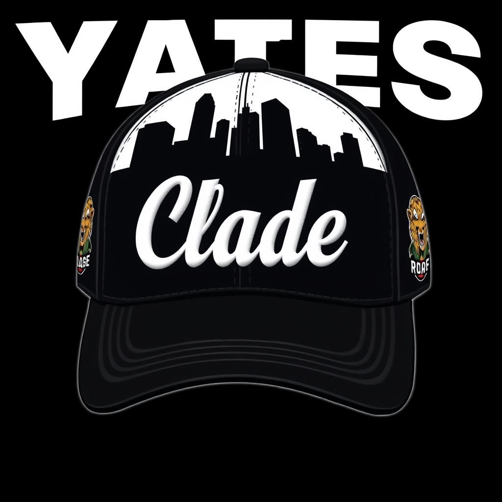 mockup design, Design a stylish black and white baseball hat featuring the brand name "Clade" prominently embroidered at the front. Behind the brand name, incorporate a detailed city skyline silhouette, showcasing iconic buildings. Adorn the sides with unique animal patches, adding a playful touch. The overall look is urban, trendy, and distinctive.