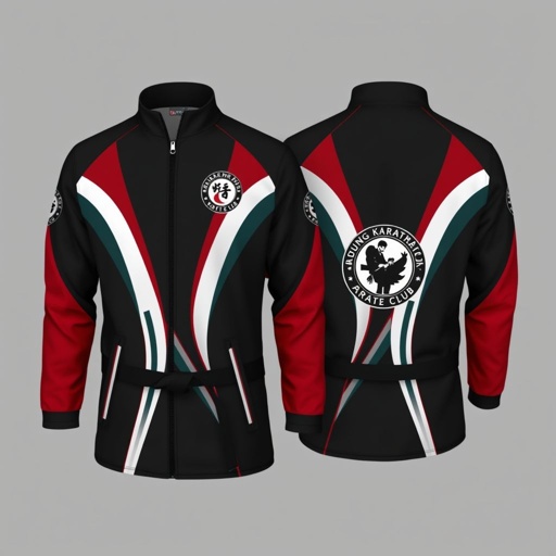 mockup design, Desain mockup jaket sporty dengan kombinasi warna hitam dan merah marun yang mencolok. Pada dada kanan, terdapat logo Oshinabu yang modern dan dinamis, sedangkan di dada kiri, logo Bandung Karate Club dengan sentuhan tradisional, memberikan kesan elegan. Bahan jaket yang nyaman dan tahan lama, cocok untuk berbagai aktivitas.