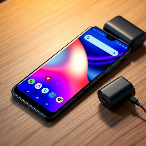 A sleek black Nokia Mi 11 smartphone resting on a minimalist wooden desk. The 6.5-inch vibrant screen gleams under soft ambient lighting. A retro Blackberry OS interface fills the display, showcasing colorful app icons. The 40 MP camera lens glistens, hinting at high-resolution photography. Nearby, a stylish charger indicates 4000 mAh battery readiness.