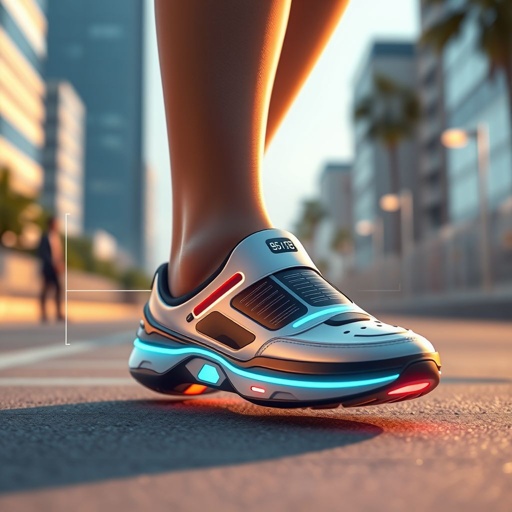 mockup design, Create an animated mockup of futuristic self-charging smart shoes, featuring sleek design with embedded solar panels and vibrant LED accents. Showcase the shoes in action—charging from sunlight and walking effortlessly. Highlight user-friendly features like a digital display for battery life and smart sensors, combined with an energetic urban backdrop.
