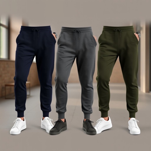 mockup design, Create a stylish mockup design of unisex sweat pants in a cozy, urban setting. Showcase the pants in a variety of colors: navy, charcoal gray, and olive green. Include trendy details like cuffed ankles and an adjustable waistband. Highlight the fabric texture, ensuring it looks soft and breathable for maximum comfort.