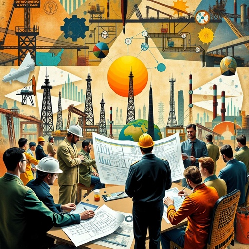 A vibrant collage depicting an engineering hub filled with teamwork and innovation. Multi-national teams collaborating over intricate blueprints. Icons of oil rigs and refinery towers in the background. Dynamic elements representing technology and data flow. Earth tones contrasted with bright accents symbolize global reach and sustainable solutions in engineering.