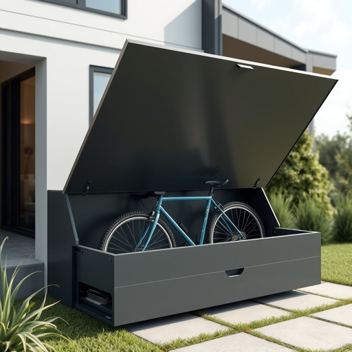 mockup design, Create a mockup design for an innovative under-house storage drawer specifically for bikes. The drawer should feature a sleek, weather-resistant exterior with a locking mechanism, space-efficient organization for accessories, and easy access. Show it integrated with a modern home, highlighting its functionality and aesthetic appeal in an outdoor setting.