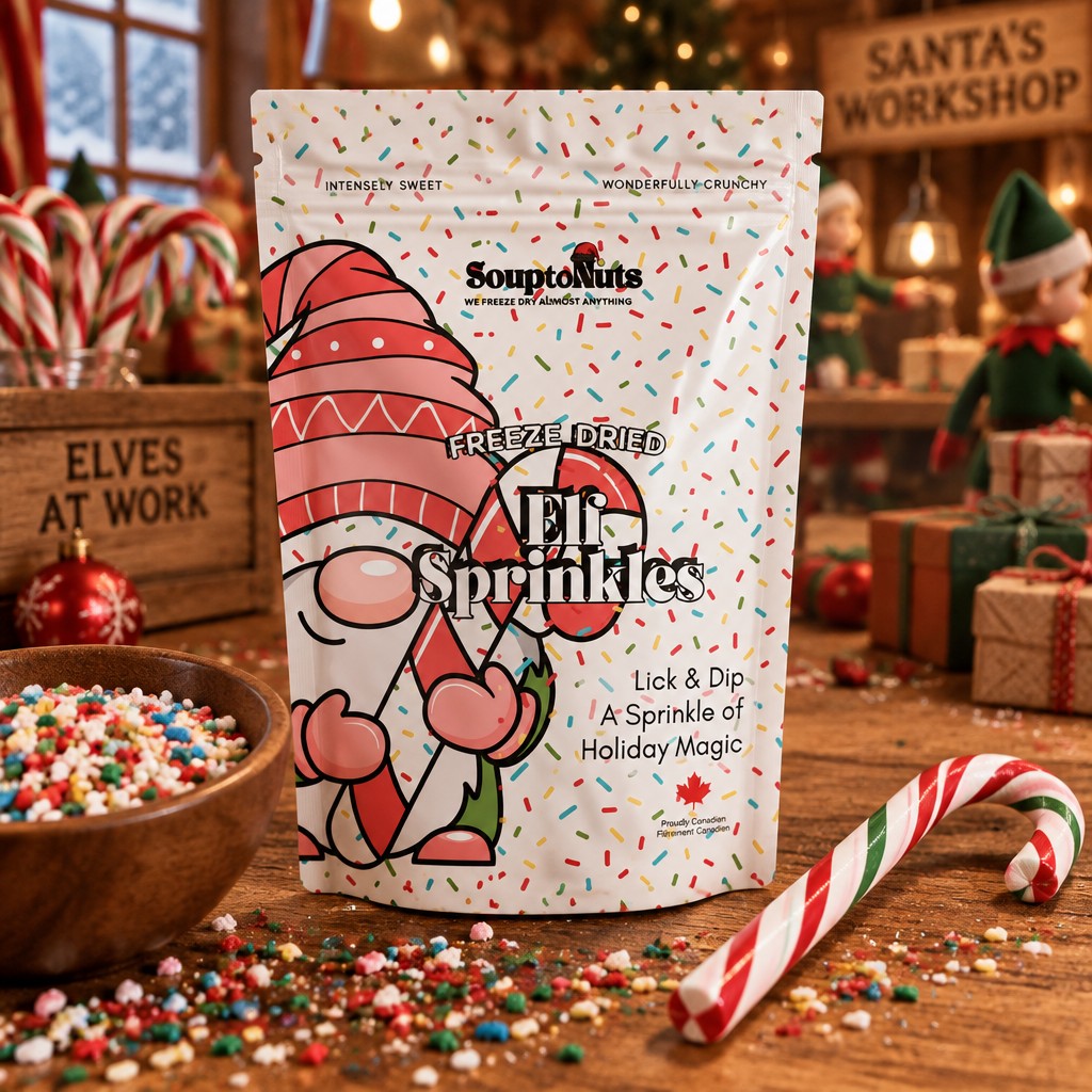 A photorealistic food pouch mockupthe dementions are 4.75inches by 7.75 inches have the back ground of santas workshop these are eld sprinkles where you lick a candy cane and dip in into the elf sprinkles. can you have a candy cane beside the bag that matches the colorso f the bag