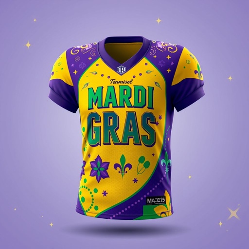 mockup design, Design an eye-catching Football Mardi Gras jersey that blends vibrant colors and festive patterns, incorporating iconic Mardi Gras symbols like masks, beads, and fleur-de-lis. The jersey should feature breathable fabric, a modern fit, and bold typography showcasing the team name. Add dynamic graphics representing both football and Mardi Gras celebrations.