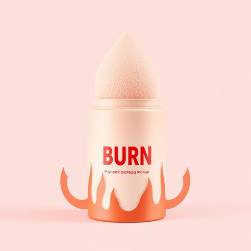 mockup design, Design a sleek cosmetic packaging mockup featuring a unique sponge top. The base should be a soft peach hue, accented with a vibrant red flame outline. Prominently display the word "BURN" in bold red. Incorporate a harmonious colour palette blending peachy pink, rich red, lilac gradient, and clean white for an eye-catching finish.