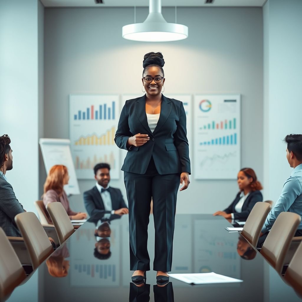 mockup design, Create a vibrant office scene featuring a confident plus-size woman leading a board meeting. She wears a stylish, tailored blazer and pleated trousers, exuding professionalism. Her elegant bun adds sophistication. Include an engaged diverse team around a sleek conference table, with charts and documents that highlight teamwork and innovation in the background.