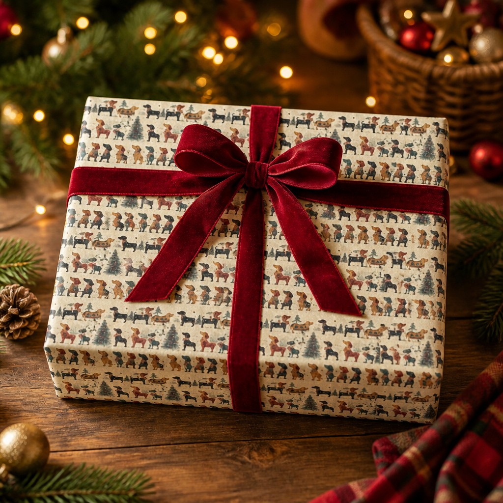Create a photorealistic Etsy product photography mockup of Christmas wrapping paper using the uploaded artwork exactly as provided.
Show a beautifully wrapped medium-sized rectangular Christmas gift box, with the uploaded wrapping paper covering the entire box. The original pattern must remain clearly recognizable and unchanged, including the vintage dogs, Christmas trees, colors, scale, and repeating pattern.
Place the wrapped gift box on a warm rustic wooden table in a cozy Christmas home setting. Add a natural red velvet ribbon around the gift, subtle pine branches, small warm white Christmas lights, and a few tasteful Christmas decorations in the background.
Warm cozy holiday atmosphere, vintage Christmas aesthetic, elegant but playful, natural daylight mixed with soft warm Christmas lights, realistic paper texture, realistic folds and shadows, premium product photography.
Composition optimized for an Etsy product thumbnail, square 1:1 image, gift box clearly visible and centered, wrapping paper is the main focus, clean and uncluttered background, shallow depth of field, highly realistic photography.
Do not change, redraw, simplify, recolor, or reinterpret the uploaded artwork. Do not add text, logos, patterns, illustrations, or decorations to the wrapping paper itself. No watermark, no text overlay.