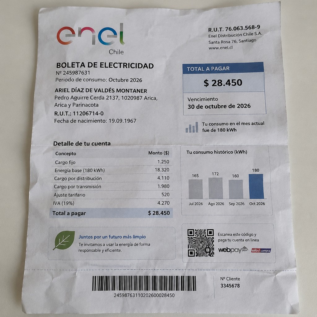 Create a statement, an electricity bill in CHILE. The A4 statement should be realistic, as if it were photographed on a phone. The document should be on a white background. The document must be for the last 3 months of October 2026. The document should contain several transactions and be wrinkled at the edges.
Name ARIEL DÍAZ DE VALDÉS MONTANER
Address Pedro Aguirre Cerda 2137, 1020987 Arica, Arica y Parinacota
R.U.T. 11206714-0
Date of birth 19.09.1967