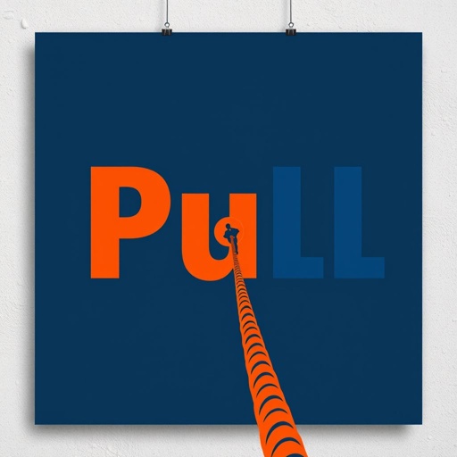 mockup design, Create a bold, minimalist poster featuring the word "Pull" in an expressive, modern font. Use contrasting colors of deep blue and bright orange. Incorporate an abstract graphic of a person pulling on a rope, adding dynamic movement. The background should be textured, evoking a sense of depth and intrigue.