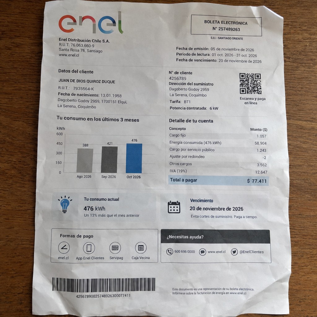 Create a statement, an electricity bill in CHILE. The A4 statement should be realistic, as if it were photographed on a phone. The document should be on a white background. The document must be for the last 3 months of October 2026. The document should contain several transactions and be wrinkled at the edges.
Name JUAN DE DIOS QUIROZ DUQUE
Address Dagoberto Godoy 2959, 1700151 Elqui, La Serena, Coquimbo
R.U.T. 7935564-K
Date of birth 13.01.1958