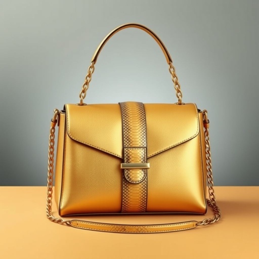 mockup design, Design a chic women's shoulder bag crafted from luxurious golden leather, featuring intricate accents of golden snake leather. The bag should have a sleek silhouette, adorned with a stylish chain strap and elegant clasp. Incorporate subtle texture variation to highlight the snake leather's unique pattern, creating a bold yet sophisticated statement piece.