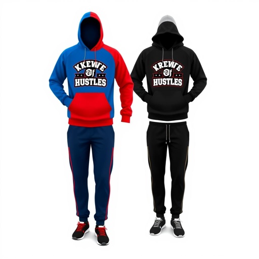 mockup design, Design a versatile unisex jogging suit featuring the logo "Krewe Of Hustlers," suitable for both adults and youth. The ensemble includes a hooded sweatshirt and matching joggers. Offer three vibrant color options: electric blue, bold red, and classic black, each showcasing the logo prominently across the chest for maximum visibility.