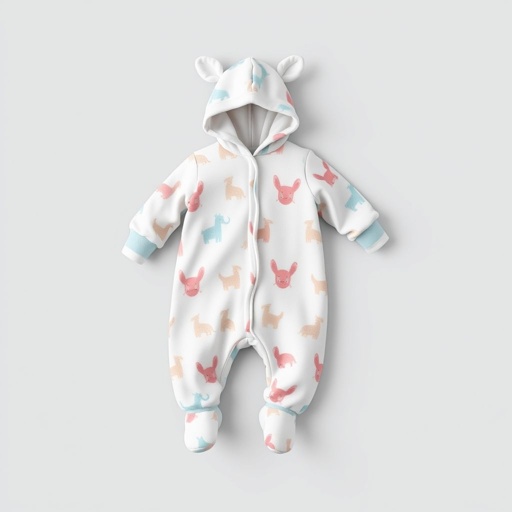 mockup design, Create a cozy mockup design of a baby sleep suit made from soft, breathable fabric. Incorporate pastel colors like baby blue and soft pink, with adorable animal prints. Include features such as fold-over mittens and a detachable hood for warmth. Emphasize comfort and safety, suitable for peaceful nighttime sleep.