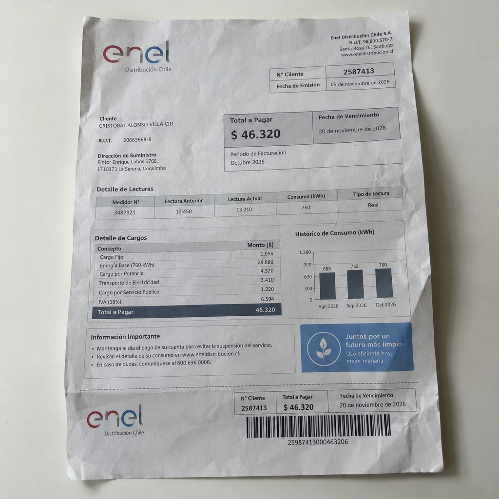 Create a statement, an electricity bill in CHILE. The A4 statement should be realistic, as if it were photographed on a phone. The document should be on a white background. The document must be for the last 3 months of October 2026. The document should contain several transactions and be wrinkled at the edges.
Name CRISTÓBAL ALONSO VILLA CID
Address Pintor Enrique Lobos 1768, 1710373 La Serena, Coquimbo
R.U.T. 20663668-8
Date of birth 03.01.2001